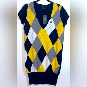 NWT RARE Fred Perry Amy Winehouse Black Yellow Argyle Jumper Dress US 10 UK 14